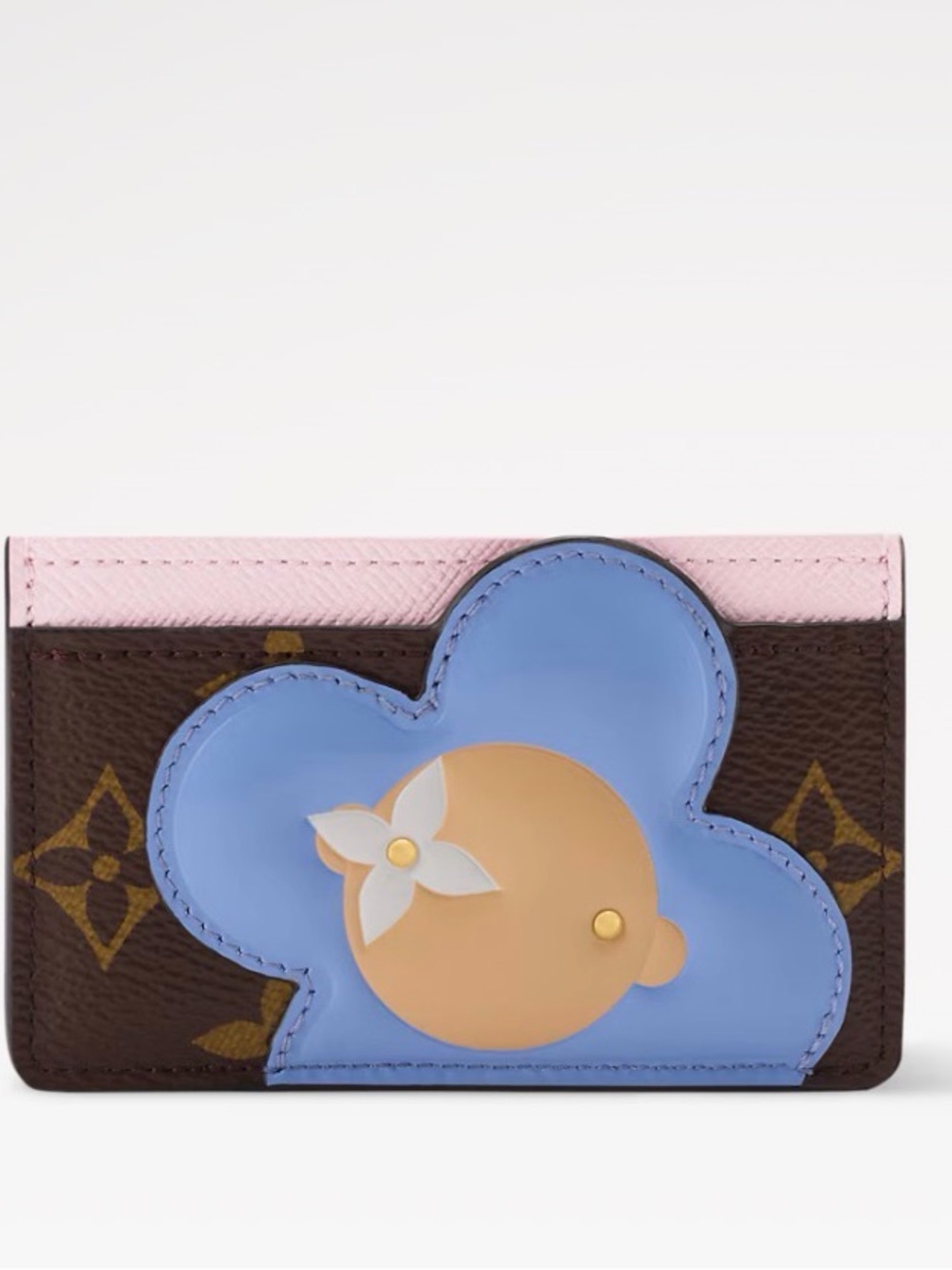 Louis Vuitton Pink & Brown Monogram Card Holder with Blue Floral Patch